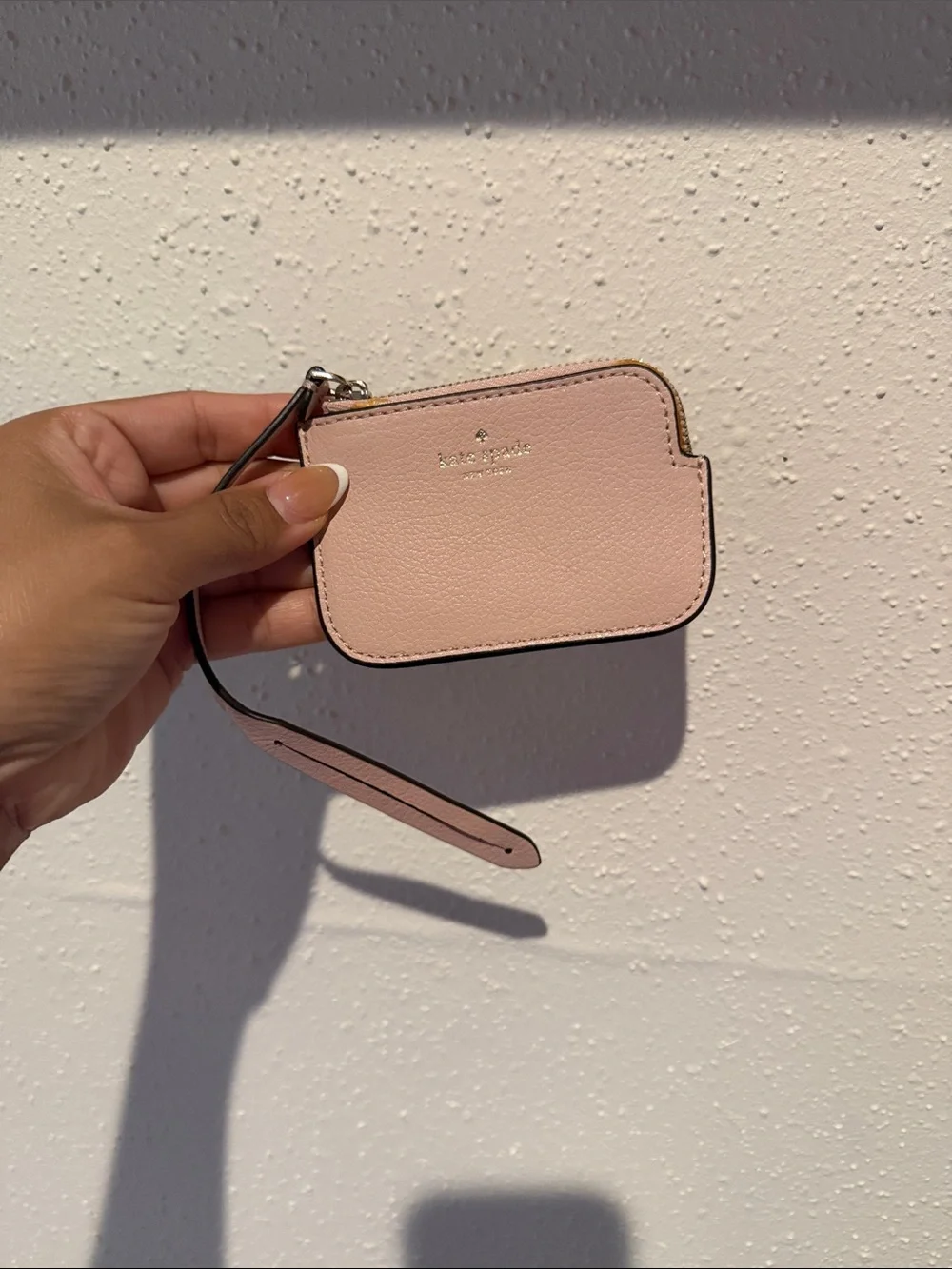 kate spade pale pink leather wristlet card case with strap